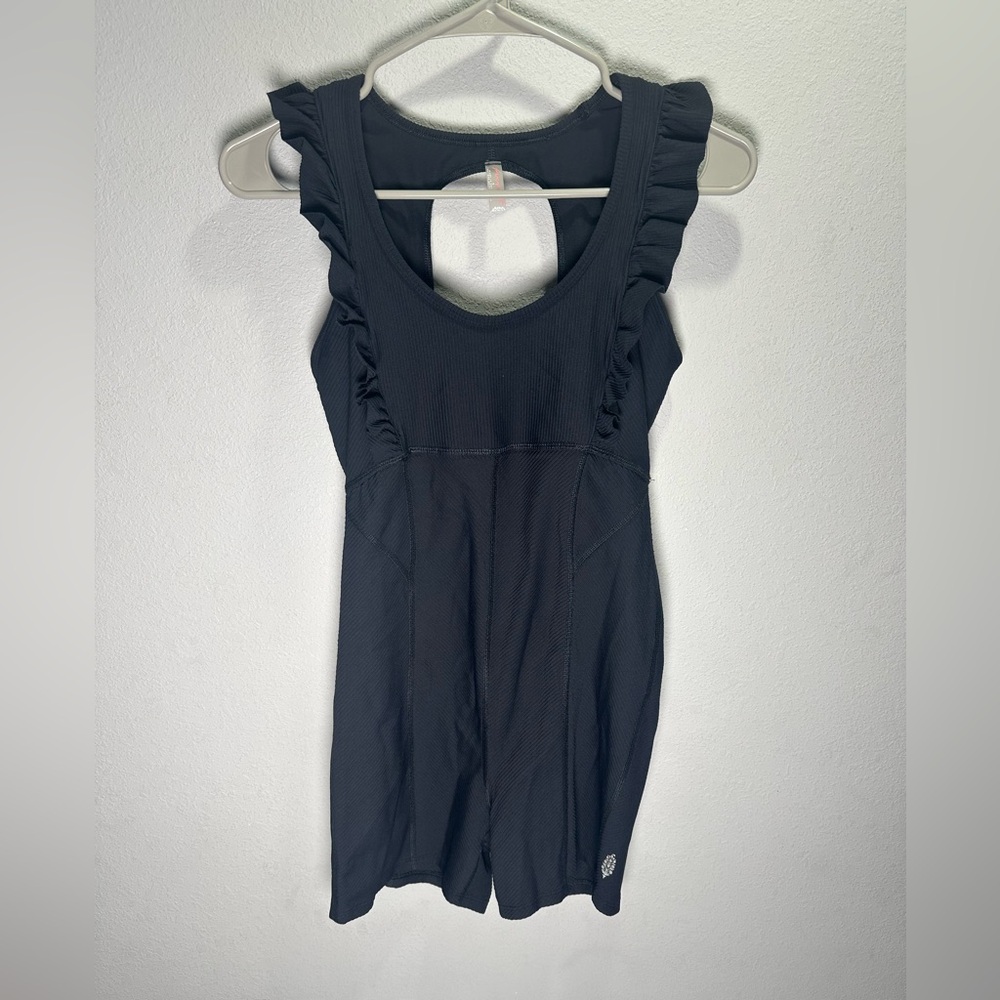 Free People Black Ruffle-Trim Scoop Neck Bodysuit